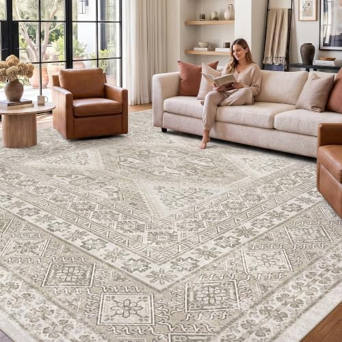 12x12 Square Area Rug Washable: Non Slip Living Room Floor Carpet Beige