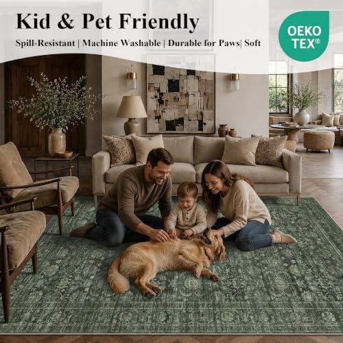 JOOJA 5x7 Dark Green Vintage Washable Soft Low Pile Living Room Area Rug