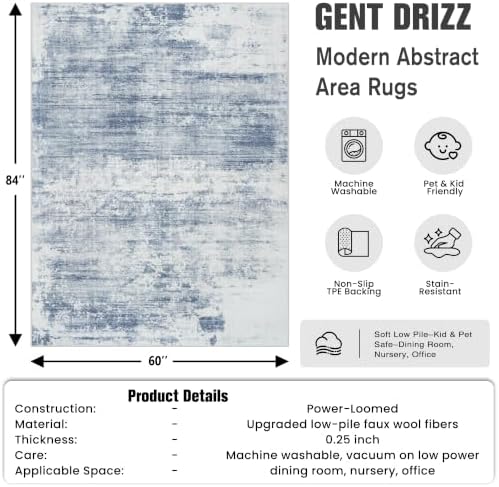 5x7 Area Rugs for Living Room: Washable Abstract Blue White Bedroom Carpet