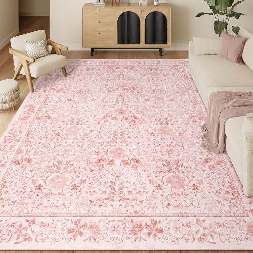 DUKINO 9x12 Area Rug for Living Room, Vintage Floral Washable Rugs, Pink