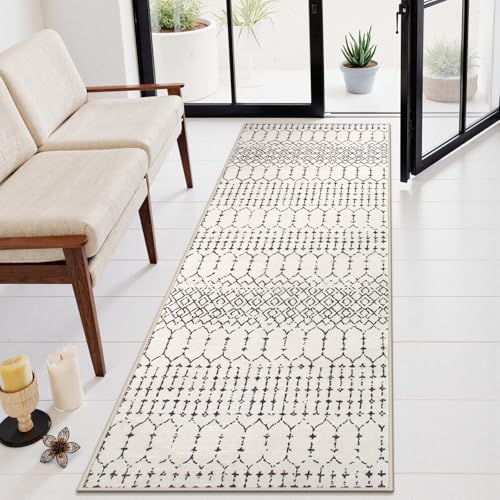 Lahome Moroccan Washable 2x6 Runner Rug, Non-Slip Beige Kitchen Hallway Runner Rug, Ultra Soft Geometric Print Distressed Floor Carpet for Hallways Entryway Bedroom Laundry Hana