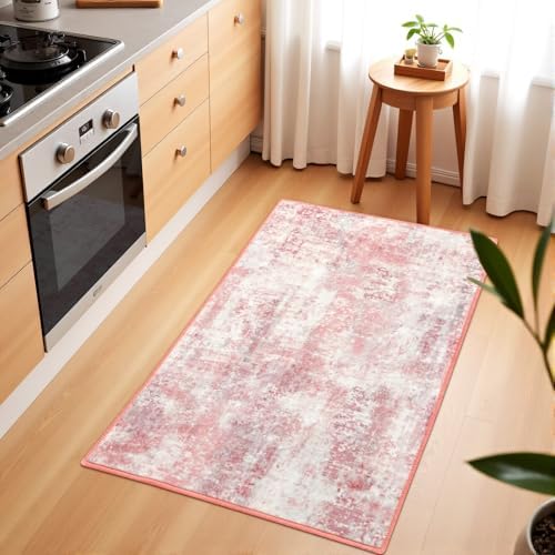Macgace Washable Abstract Area Rug for Entryway, 2x3 Small Rugs Pink