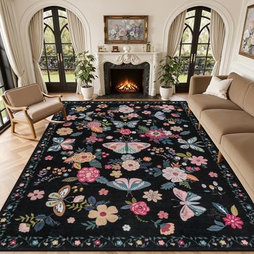 10x14 Area Rug Living Room: Soft Floral Washable Carpet Black