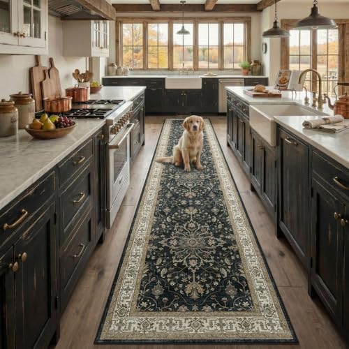RELEANY Washable Area Rug, Runner 2'6"x12', Black/Vintage/Beige