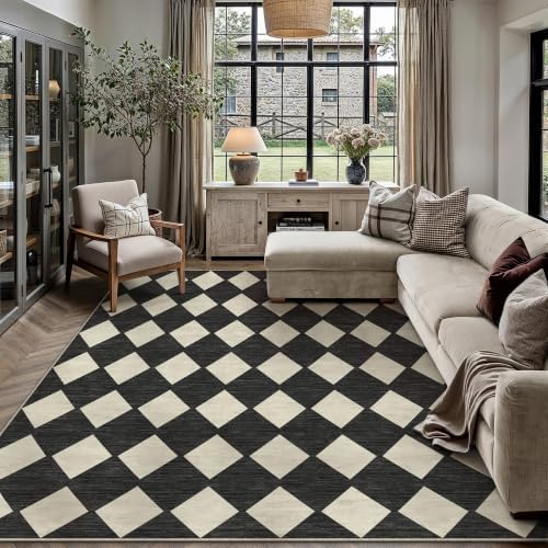 PureCozy Black 10x14 Washable Area Rug Large Non Slip Checkered Carpet