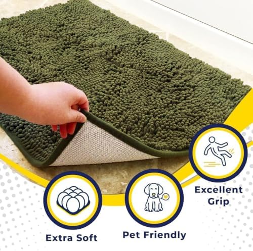 Muddy Mat® | Super Water Absorbent Door Mat Indoor, Microfiber Quick Dry Chenille Entryway Rug, Slip Resistant Front Door Mat, Indoor Mats for Entryway, Machine Washable Pet Rug, Army Green 24" x 96"
