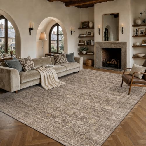 JOOJA 9x12 Neutral Tan Vintage Floral Non Slip Washable Boho Retro Area Rug