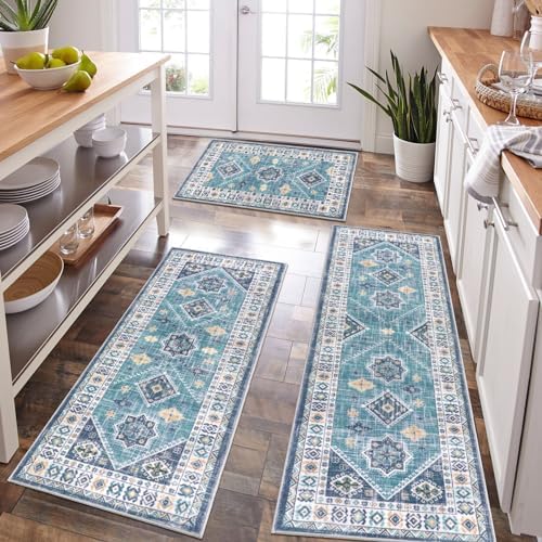 HEBE Boho Kitchen Rugs Set of 3, Non Slip Washable Kitchen Mats for Floor