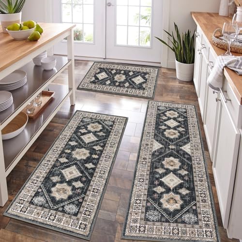 HEBE Boho Kitchen Rugs Set of 3, Non Slip Washable Kitchen Mats for Floor