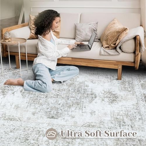 XLUEZ Area Rug 10x14 Living Room Rugs, Machine Washable Vintage Distressed Medallion Rug Non-Slip Soft Low Pile Large Indoor Rugs for Bedroom Kitchen Dining Room Office(Taupe,10'x14')