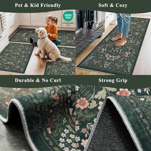 3 Piece Kitchen Rug Set, Washable Non-Slip Kitchen Mats for Hardwood Floor, Boho Farmhouse Kitchen Runner Rug for Sink,Entryway & Hallway & Bathroom (Dark Green, 2x3+2x4+2x5)