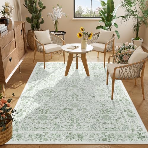 DUKINO 4x6 Rug for Living Room, Washable Vintage Floral Area Rug Sage Green