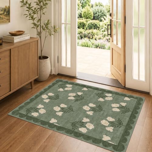 3x4 Floral Entry Rug - Small Washable Indoor Outdoor Mats for Front Door Non-Slip Spring Porch Rug Sage Green Farmhouse Throw Rugs for Living Room Bedroom Entryway Kitchen Office Porch Decor