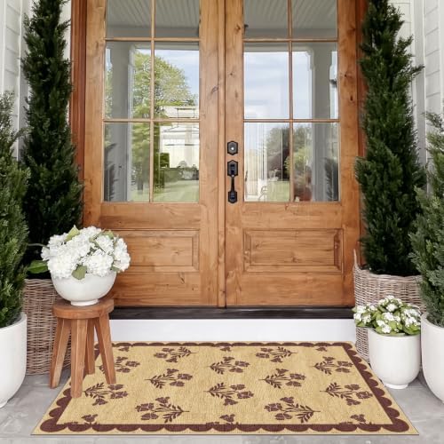 Floral Entry Rug - 28" x 43" Front Door Mat Indoor Outside Entrance Non-Slip Washable Outdoor Mat Jute-Look Burgundy Scalloped Rug for Entryway Kitchen Mudroom Layered Doormat for Front Porch