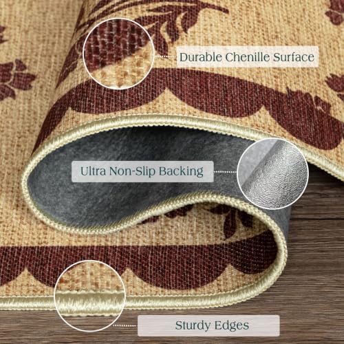 Floral Entry Rug - 28" x 43" Front Door Mat Indoor Outside Entrance Non-Slip Washable Outdoor Mat Jute-Look Burgundy Scalloped Rug for Entryway Kitchen Mudroom Layered Doormat for Front Porch