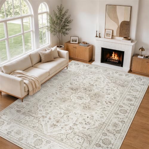 4x6 Washable Area Rugs for Bedroom Beige White Non-Slip Rug