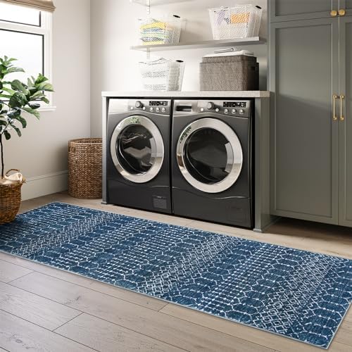 Lahome Moroccan Blue Runner Rug 2x6 Rug Non-Slip Stain Resistant Kitchen Rug Runner Low-Profile Washable Hallway Runners, Geometric Print Distressed Carpet for Entryway Laundry Room Hana