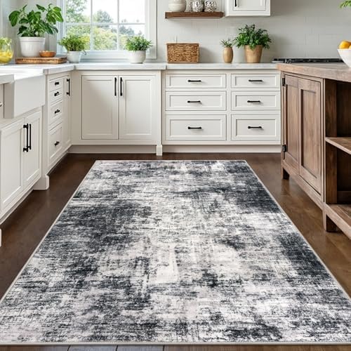 IOHOUZE Modern Abstract Area Rugs 5x7 Ft Washable Rugs for Living Room, Non Slip Dining Room Rug, Printed Faux Wool Rugs for Bedroom, Floor Carpet for Office Nursery Playroom, Black Grey