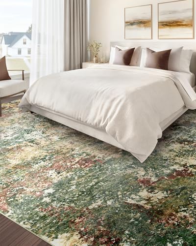 Washable Area Rug for Living Room: 9x12 Modern Abstract Neutral Soft Rug for Bedroom Dining Room No Slip Low Pile Carpet for Nursery Home Office - Red/Ivory