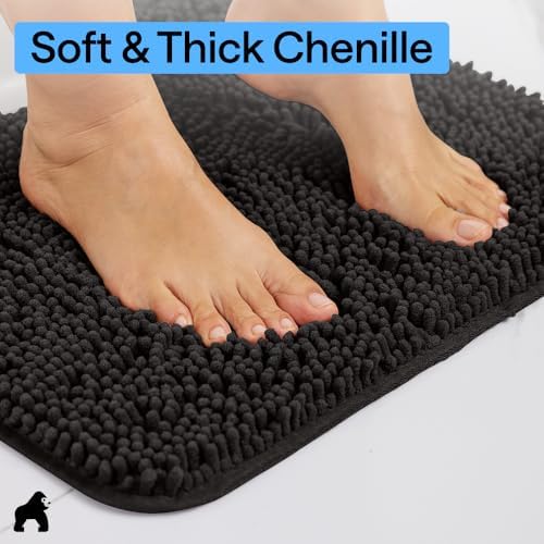 GORILLA GRIP Bath Rug Mat for Bathroom, Absorbent Chenille, 30x20 Black