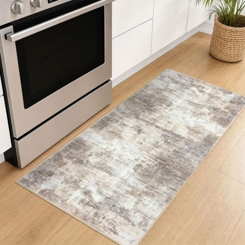 IOHOUZE Abstract Runner Rug 2x5 Ft Washable Runners for Hallways, Non Slip Kitchen Runner Printed Faux Wool Entryway Runner Indoor, Modern Abstract Floor Carpet for Hall Kitchen Bedroom, Beige Brown