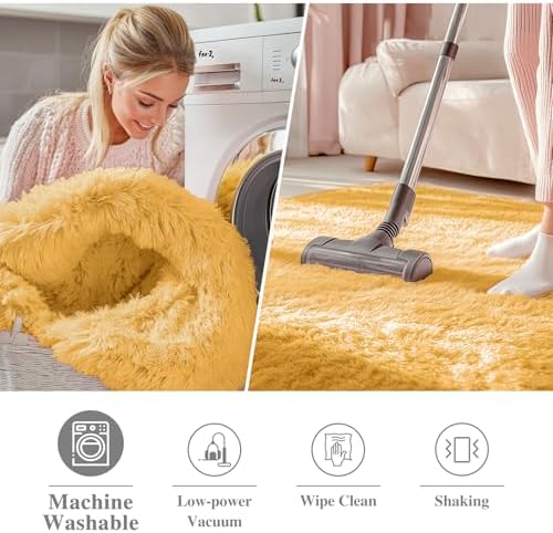 OLANLY Mustard Yellow Round Rugs for Bedroom - Machine Washable, 5 ft Circle Area Rugs for Living Room, Soft and Fluffy Shaggy Carpet for Teen Girl and Boys, Nursery Rooms, Dorms, Home Decor Aesthetic