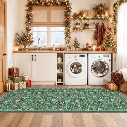 Christmas 3x8 Washable Kitchen Runner Rug, Green Non Slip Low Pile Rug