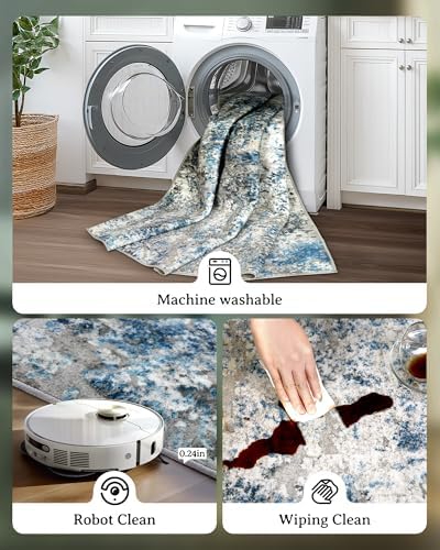 Washable Area Rug for Living Room: 8x10 Modern Abstract Neutral Soft Rug for Bedroom Dining Room No Slip Low Pile Carpet for Nursery Home Office - Grey/Blue