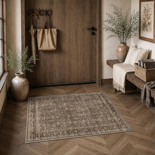 JOOJA 6x6 Dark Brown Vintage Low Pile Washable Boho Round Living Room Rug
