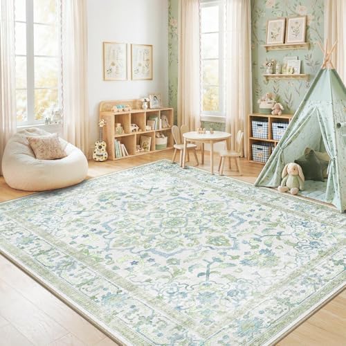 CAPALOCA 5x7 Washable Nursery Girls Low Pile Area Rug Green Blue