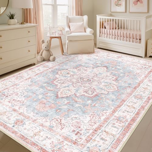 CAPALOCA 8x10 Washable Nursery Girls Low Pile Area Rug Pink Blue