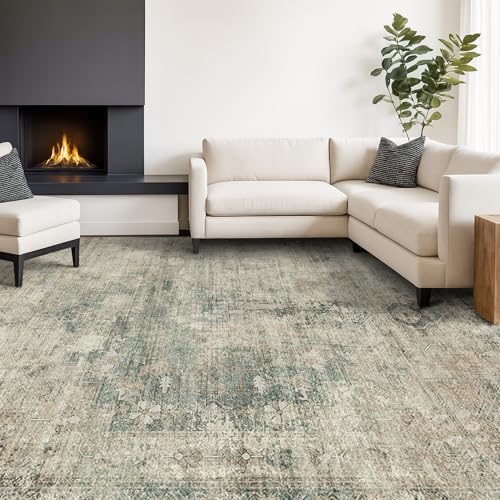 Hazo Haus Washable Moss Green 10x14 Area Rug for Living Room, Large Vintage Farmhouse Rug for Bedroom & Dining Room Under Table, Non-Slip Soft Low-Pile Stain Resistant, Distressed Design