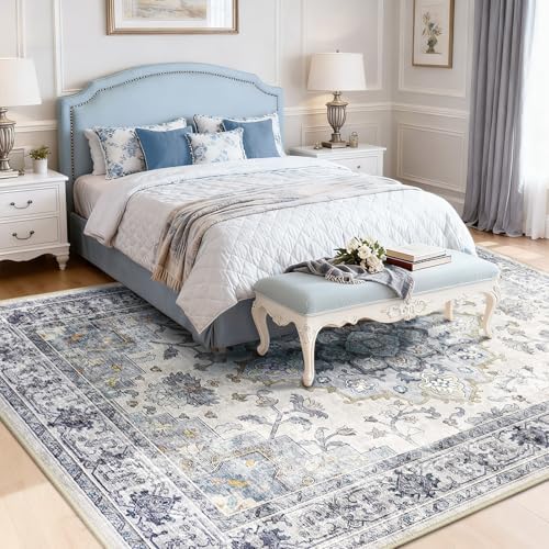CAPALOCA 5x7 Washable Nursery Girls Low Pile Area Rug Blue White