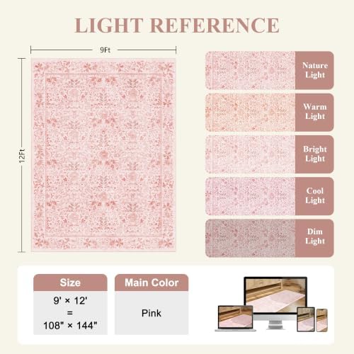 DUKINO 9x12 Area Rug for Living Room, Vintage Floral Washable Rugs, Pink