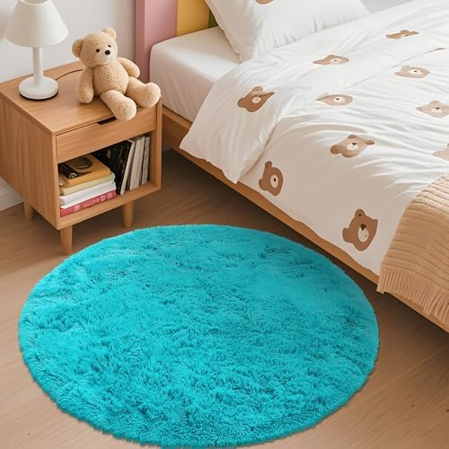 OLANLY Teal Blue Round Rugs for Bedroom - Machine Washable, 3 ft Circle Area Rugs for Living Room, Soft and Fluffy Shaggy Carpet for Teen Girls and Boys, Nursery Rooms, Dorms, Home Decor Aesthetic