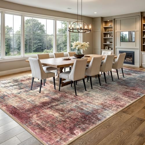 IOHOUZE Abstract Area Rugs 9x12 Ft Washable Large Rugs for Living Room, Non Slip Dining Room Rug, Printed Faux Wool Rugs for Bedroom, Floor Carpet for Office Nursery Playroom, Red/Multi