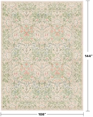 Washable Light Green Rug for Bedroom - 9x12 Large Area Rug for Dining Room Under Table, Living Room, Soft Low Pile Carpet for Playroom - Vintage Floral Non-Slip Stain Resistance (9x12 Beige Green)