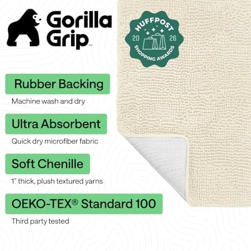 GORILLA GRIP Bath Rug Mat for Bathroom, Thick Chenille, 24x17 Ivory Cream