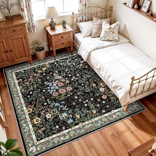 6x6 Washable Area Rug Living Room: Floral Non-Slip Washable Mat for Indoor Floor Dining Room Bedroom High Traffic Area - Soft Low Pile Carpet for Vintage Boho Home Decor (6ft Square, Beige)