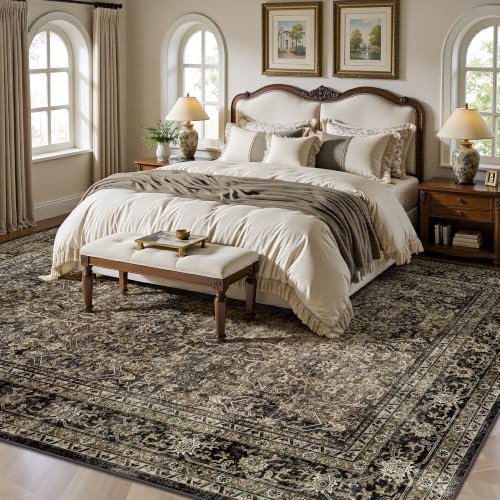 10x14 Area Rugs for Living Room - Washable Vintage Retro Large Rug, Soft Ultra Thin Non Slip Low Pile Traditional Distressed Boho Carpet for Bedroom Dining Room Home Office, Brown