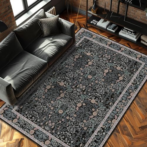 5x7 Washable Area Rugs for Living Room Soft Carpet (Black Flora)