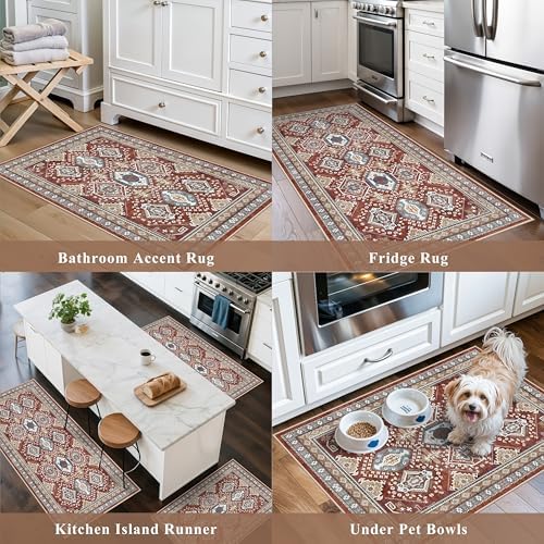 Washable Non-Slip Kitchen Rugs Set of 3 – Boho Soft Mats and Runner for Bathroom, Entryway, Hallway Room – Stain-Resistant Low-Pile Indoor Carpet (Red, 2x3+2x4+2x5)
