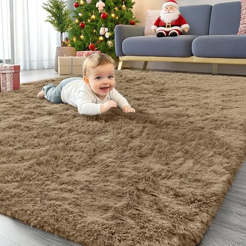 OLANLY Area Rugs for Living Room Bedroom, Machine Washable 4x5.9 ft Soft Fluffy Shaggy Bedside Rug, Indoor Floor Carpet for Kids Girls and Boys, Dorms, Nursery Rooms, Home Decor Aesthetic, Taupe