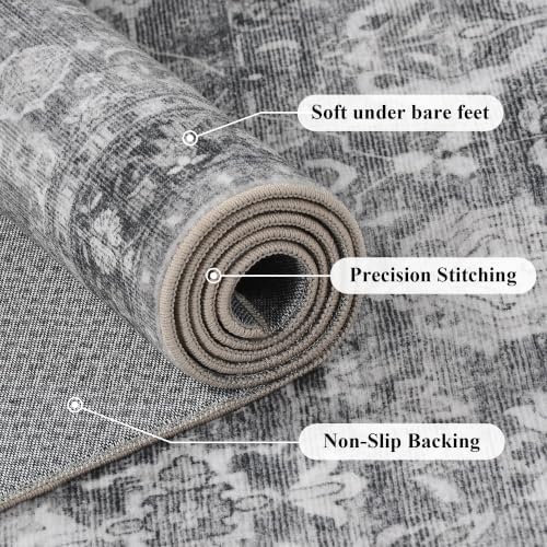JOOJA 2x6 Grey Vintage Soft Low Pile Non Slip Washable Boho Runner Rug