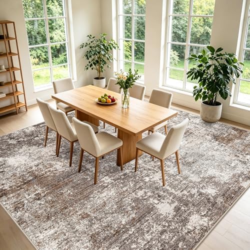 12x12 Square Living Room Rug – Modern Abstract Neutral Extra Large Washable Non-Slip Low-Pile Indoor Carpet for Bedroom, Dining Room, Playroom (Brown Beige,12x12)