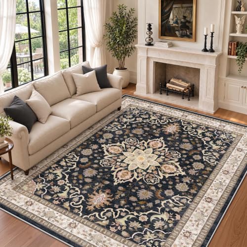 9x12 Area Rugs for Living Room: Washable Large Vintage Floral Rug Low Pile Non-Slip Boho Carpet for Bedroom Dining Home Office (Black, 9'x12')