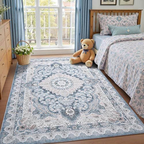 Macgace Washable Vintage Area Rug for Living Room, 5x7 Rugs Blue & Beige
