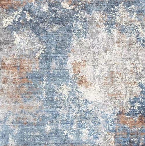 7x7 Square Rug Machine Washable – Modern Neutral Abstract Non-Slip Area Rug for Dining Room Living Room Kitchen Bedroom – Low-Pile Accent Indoor Carpet (Blue Rust, 7x7)