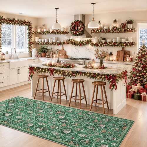Christmas 3x8 Washable Kitchen Runner Rug, Green Non Slip Low Pile Rug