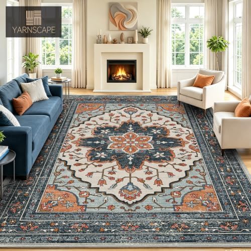 YARNSCAPE 8' x 10' Machine Washable Area Rug, Non-Slip Low-Pile Carpet
